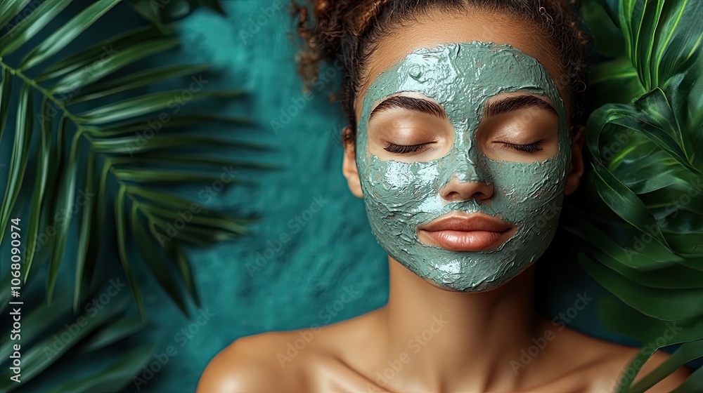 A woman with a clay facial mask on a blue background with green leaves symbolizes beauty and wellness, perfect for eco-friendly skincare banners. A woman with a clay facial mask on a blue background with green leaves symbolizes beauty and wellness, perfect for eco-friendly skincare banners.