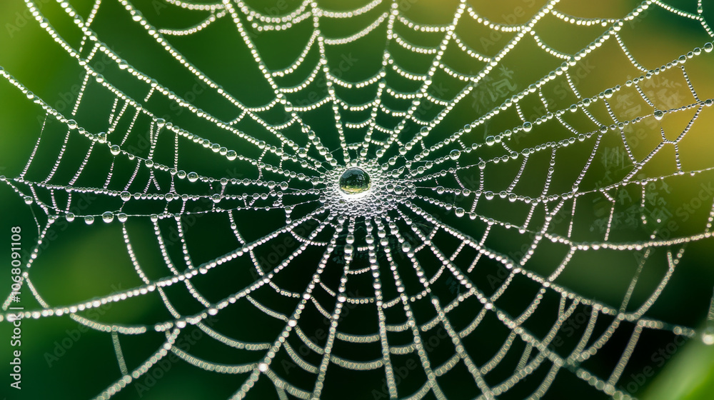 Obraz premium natural macro shot of dew covered spider web, showcasing intricate patterns and glistening droplets. vibrant green background enhances beauty of this delicate structure