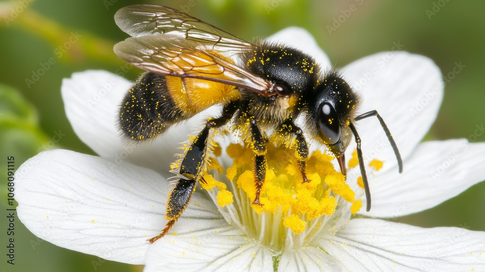 close up macro shot of honeybee collecting pollen from white flower, showcasing its detailed features and vibrant colors. bee is covered in yellow pollen, highlighting its role in nature close up macro shot of honeybee collecting pollen from white flower, showcasing its detailed features and vibrant colors. bee is covered in yellow pollen, highlighting its role in nature