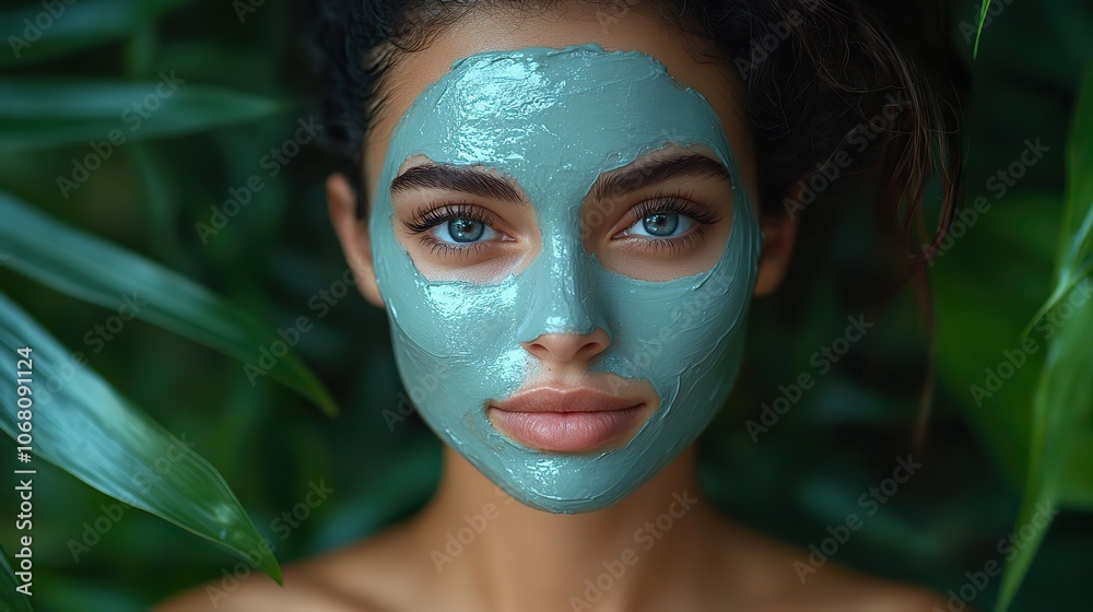 A woman with a clay facial mask on a green background with leaves represents skincare and eco-friendly beauty, perfect for wellness banners. A woman with a clay facial mask on a green background with leaves represents skincare and eco-friendly beauty, perfect for wellness banners.