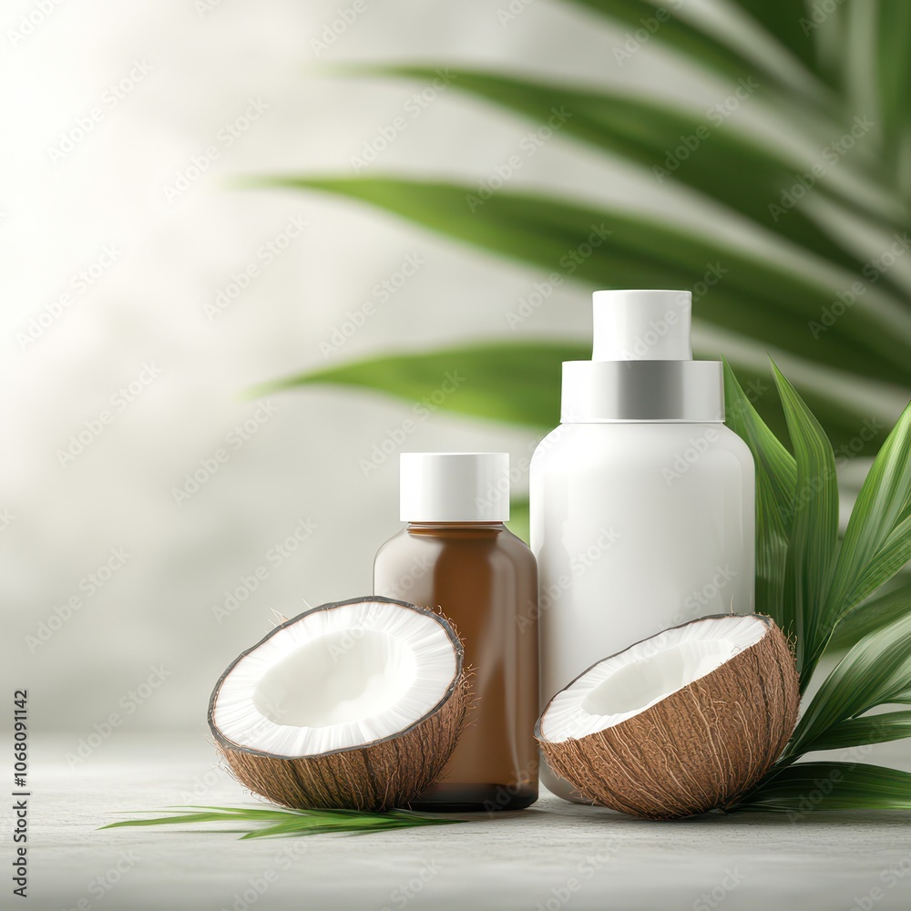 A serene display of coconut halves with green leaves and elegant cosmetic bottles, perfect for themes related to beauty, skincare, or eco-friendly products, Ideal for promotional or editorial use, A serene display of coconut halves with green leaves and elegant cosmetic bottles, perfect for themes related to beauty, skincare, or eco-friendly products, Ideal for promotional or editorial use,
