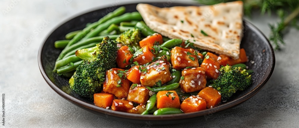 A close-up shot of a plate of teriyaki tofu with green beans, broccoli, sweet potato, and flatbread. A close-up shot of a plate of teriyaki tofu with green beans, broccoli, sweet potato, and flatbread.
