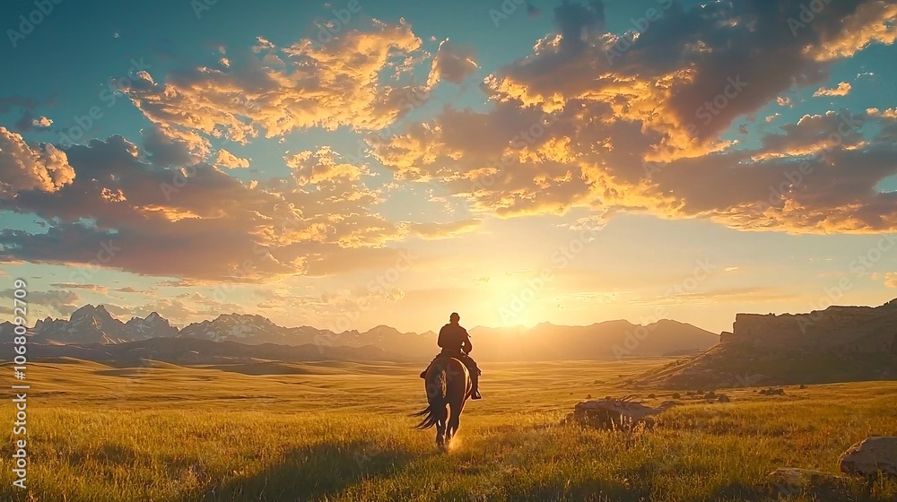 Fototapeta premium A rider on horseback against a vibrant sunset over a mountainous landscape.