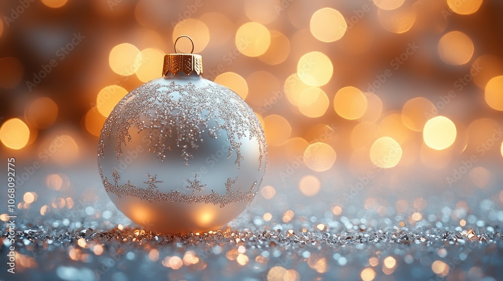 A 4K rendering of a glass Christmas bauble with frosted surfaces and glittery accents, set against a soft glow. A 4K rendering of a glass Christmas bauble with frosted surfaces and glittery accents, set against a soft glow.