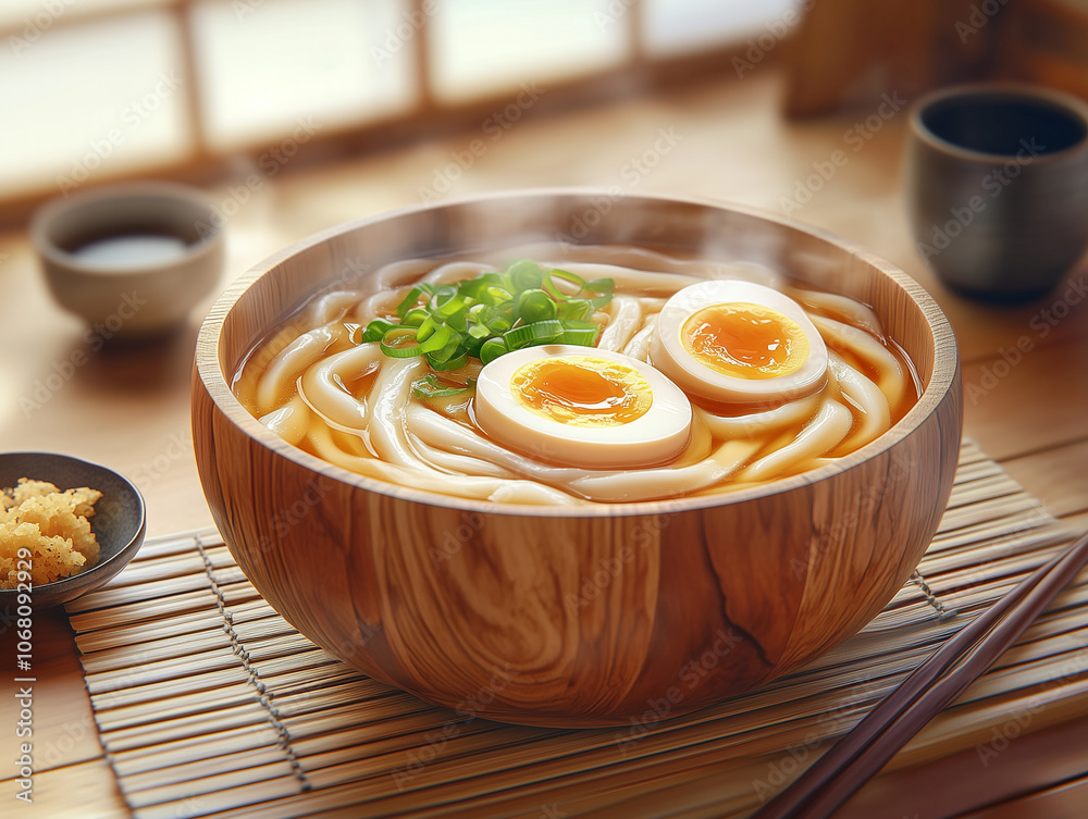 Japanese dish with udon noodles in a wooden bowl, served with clear soup and a soft-boiled egg with a warm authentic izakaya dining in Japan. Freshly cooked organic Japanese food on a bamboo placemat. Japanese dish with udon noodles in a wooden bowl, served with clear soup and a soft-boiled egg with a warm authentic izakaya dining in Japan. Freshly cooked organic Japanese food on a bamboo placemat.