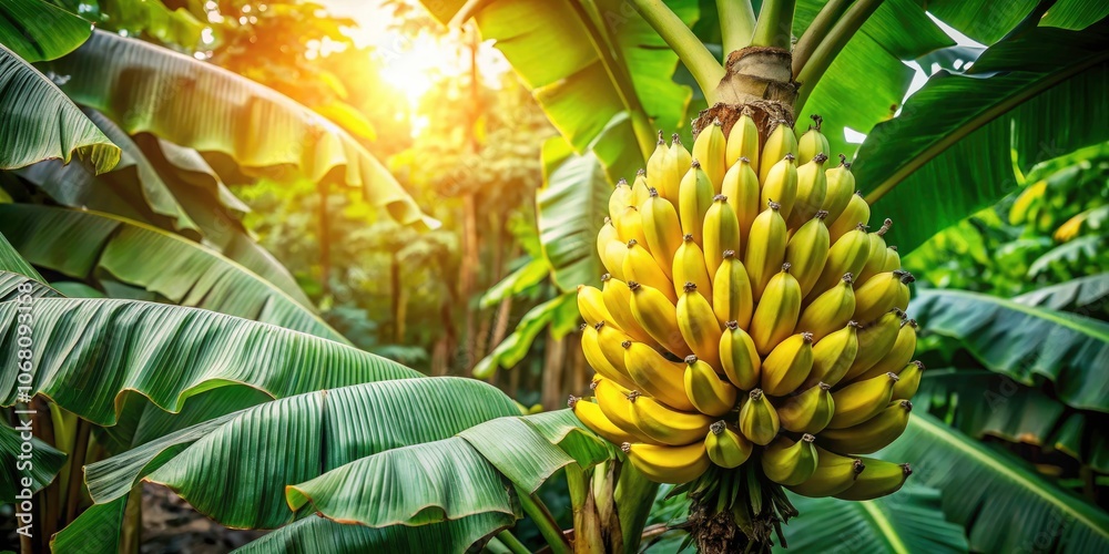 Obraz premium Lush Banana Tree with Ripening Yellow Bananas Against a Tropical Backdrop - Nature's Bounty in Documentary Style Photography