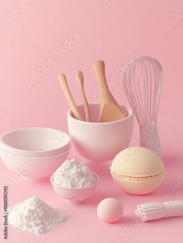 Baking ingredients and tools on a pink background.