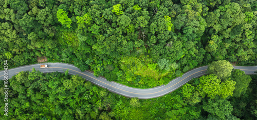 panoramic view of Green forest road , Adventure morning road trip in the forest, electric vehicle driving on asphalt road through green forest. 