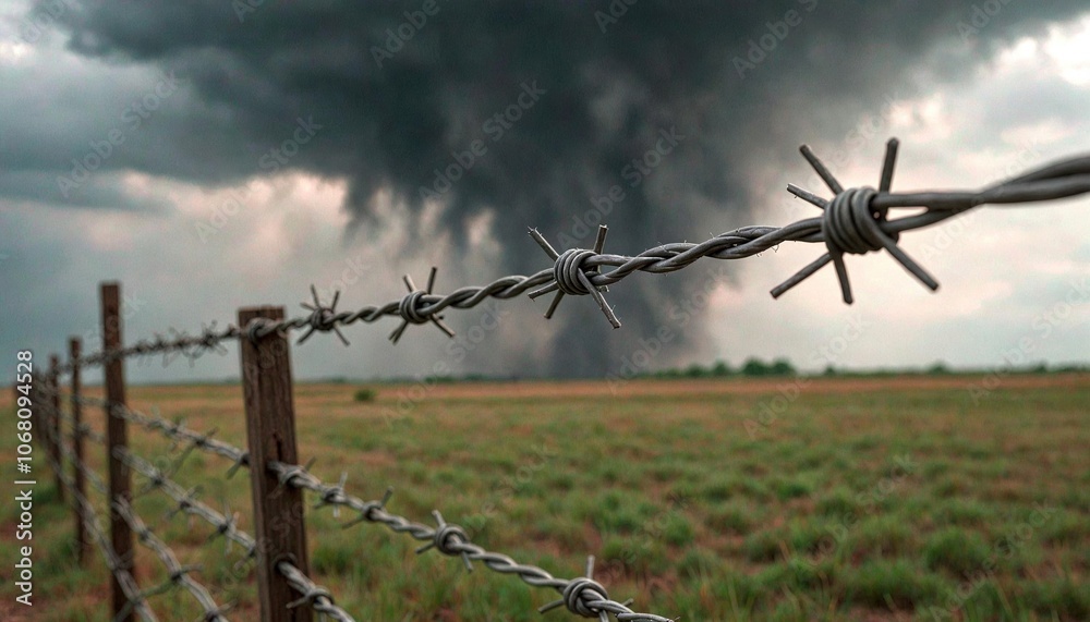 Fototapeta premium Barbed Wire Fence with Tornado Debris