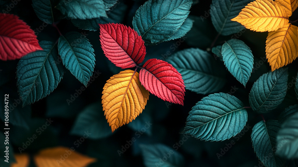 Close-up view of vibrant autumn leaves in shades of red, yellow, and green, symbolizing the beauty of seasonal change, renewal, and the transition from life to rest during fall Close-up view of vibrant autumn leaves in shades of red, yellow, and green, symbolizing the beauty of seasonal change, renewal, and the transition from life to rest during fall
