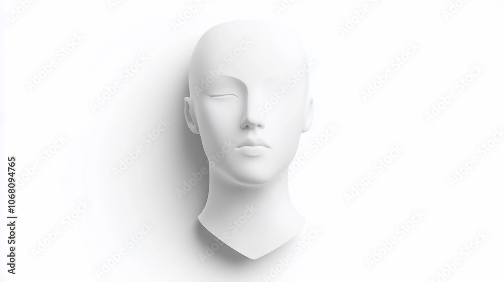 A white mannequin head with closed eyes and a neutral expression, isolated on a white background. A white mannequin head with closed eyes and a neutral expression, isolated on a white background.
