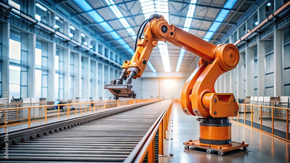 Minimalist Photography of an Orange Robotic Arm on a Factory Conveyor Belt for Industrial Automation and Modern Manufacturing Efficiency