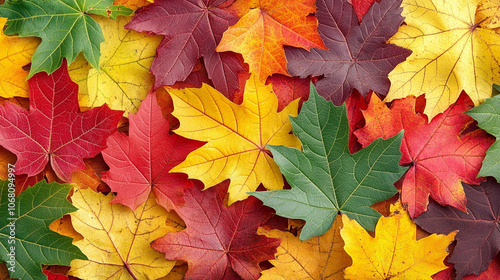 Close-up view of vibrant autumn leaves in shades of red, yellow, and green, symbolizing the beauty of seasonal change, renewal, and the transition from life to rest during fall