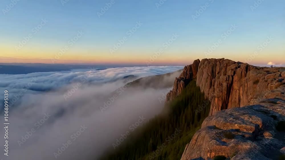 Above the Clouds: A majestic mountain peak pierces through a sea of clouds at sunset, casting a golden glow across the landscape. The scene evokes a sense of tranquility and awe.