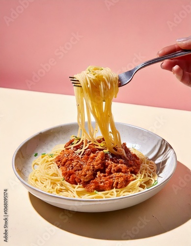 Spaghetti con bolognesa con tenedor agarrando fideos photo