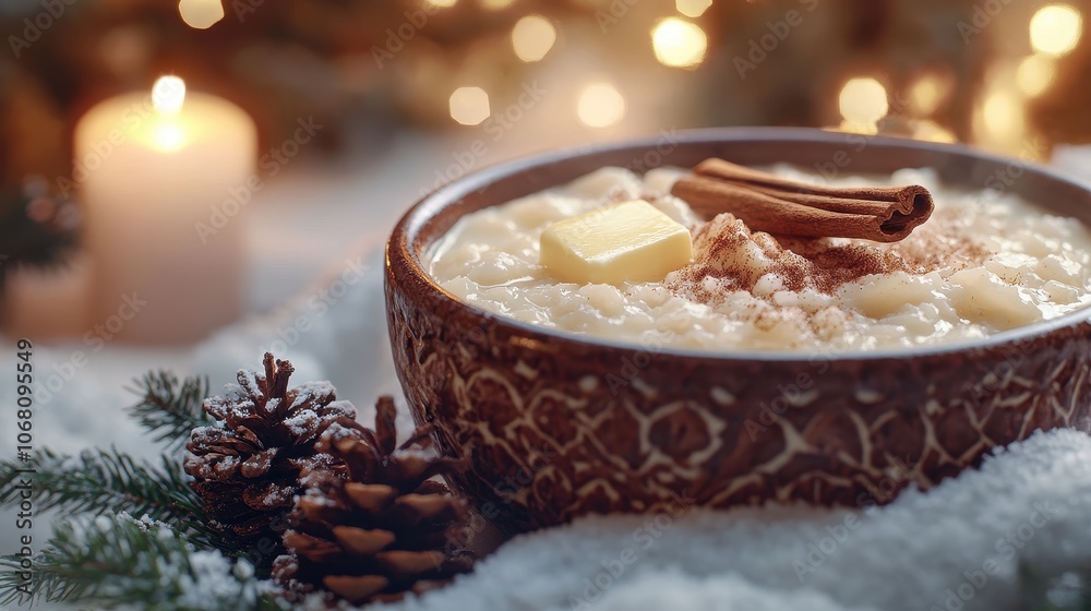 Cozy Winter Scene with a Hearty Bowl of Traditional Swedish Risgrynsgrot Porridge Cozy Winter Scene with a Hearty Bowl of Traditional Swedish Risgrynsgrot Porridge