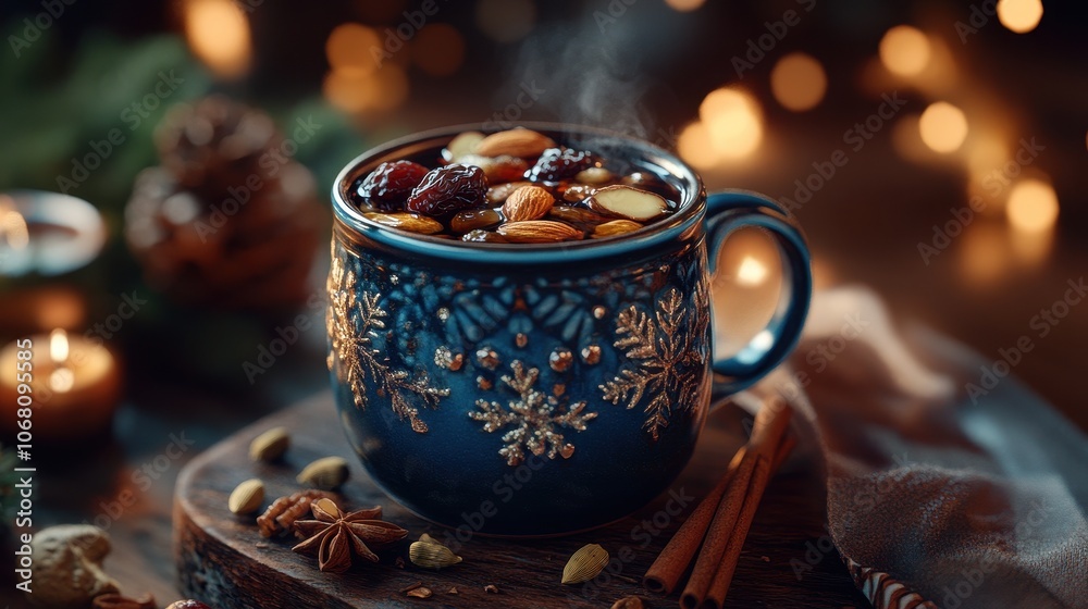 Cozy Winter Scene with Steaming Mug of Mulled Glog and Festive Accents Cozy Winter Scene with Steaming Mug of Mulled Glog and Festive Accents