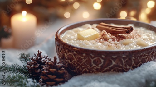 Cozy Winter Scene with a Hearty Bowl of Traditional Swedish Risgrynsgrot Porridge