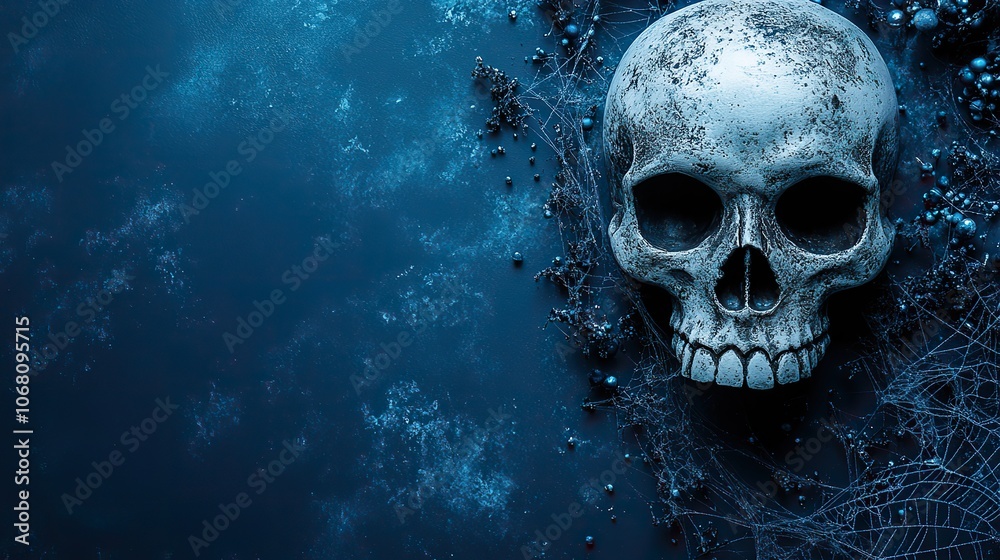 A Halloween design with a spider web and skeleton skull, showcased on a dark blue background, ideal for greeting cards, posters, or invitations with copy space. A Halloween design with a spider web and skeleton skull, showcased on a dark blue background, ideal for greeting cards, posters, or invitations with copy space.