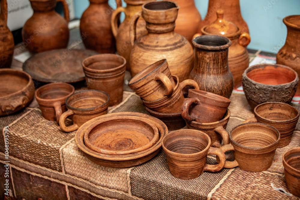 A table full of brown pottery, including cups, bowls, and vases A table full of brown pottery, including cups, bowls, and vases