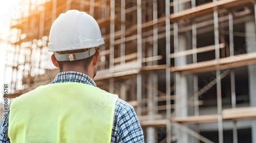 Construction Worker Nailing Wooden Beams Together to Create Scaffolding for a Building Under Construction on a Development Site photo