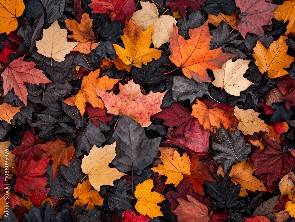 A vibrant assortment of autumn leaves in various colors on the ground.