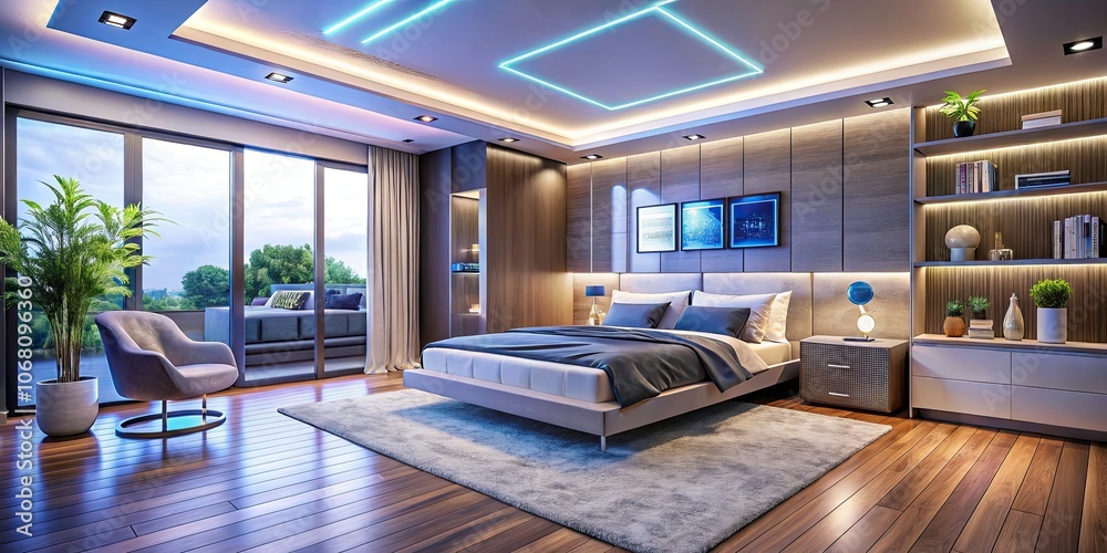 Naklejka premium Modern Bedroom with LED Lighting and Smart Home Features for Energy Efficiency and Comfort