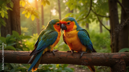 Two parrots sitting on branch with forest backdrop in warm sunset light

