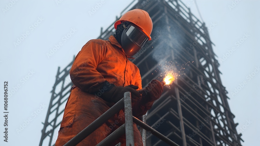 custom made wallpaper toronto digitalSkilled welder in orange safety gear and helmet working high up on scaffolding using a torch to fix metal reinforcements for a skyscraper construction project