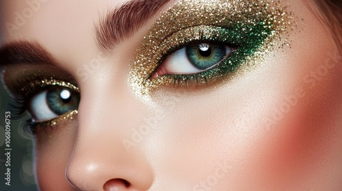 A woman with green eyes and green eye shadow