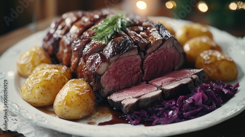 Tender Flskesteg Roast Beef Platter with Roasted Potatoes and Red Cabbage Slaw photo