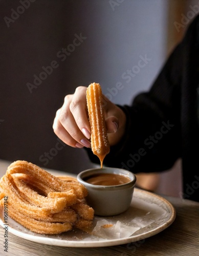 Mano mojando churro en dulce de leche photo