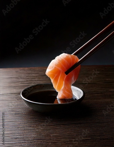 Palillos agarrando sashimi de salmon photo