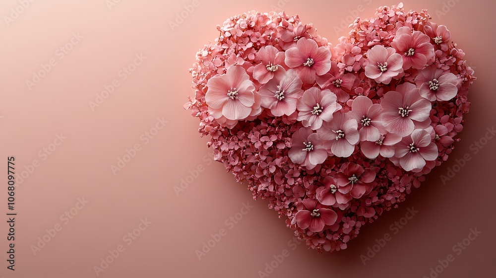 Obraz premium A heart-shaped design made of flowers on a pink background, celebrating love for Valentine’s or wedding themes.