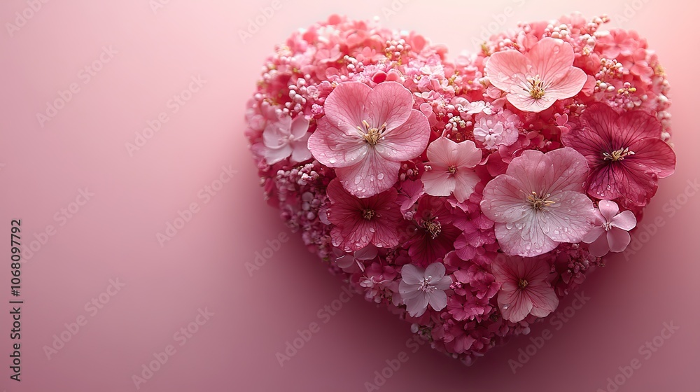 A heart-shaped design made of flowers on a pink background, celebrating love for Valentine’s or wedding themes. A heart-shaped design made of flowers on a pink background, celebrating love for Valentine’s or wedding themes.