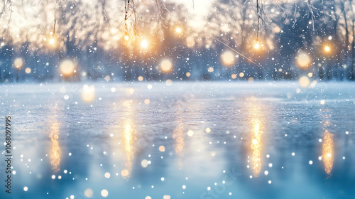 Winter landscape with falling snow and bokeh lights. Christmas background