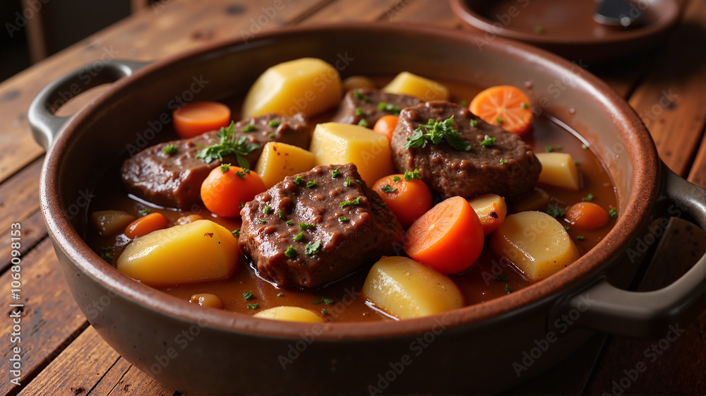 Hearty beef stew with potatoes and carrots in rustic pot
Hearty beef stew with potatoes and carrots in rustic pot