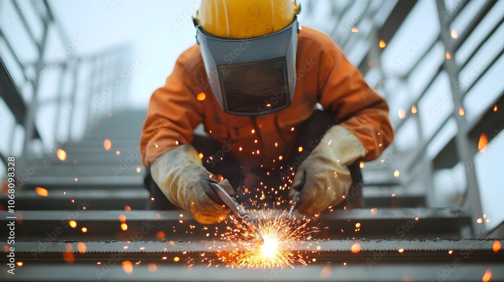 Skilled Welder Fabricating Metal Railings for a Commercial Building Staircase with Bright Sparks Flying During the Metalworking Process Skilled Welder Fabricating Metal Railings for a Commercial Building Staircase with Bright Sparks Flying During the Metalworking Process