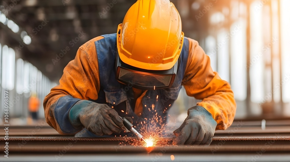 Welder in bright orange safety gear and helmet repairing and fixing metal beams and structures at a busy construction site Welder in bright orange safety gear and helmet repairing and fixing metal beams and structures at a busy construction site