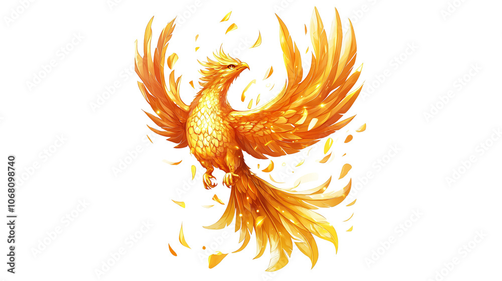 A golden bird with its wings spread out, flying in the air