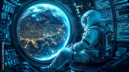 Fototapeta Naklejka Na Ścianę i Meble -  Female astronaut in spacesuit floats inside spaceship with Earth hologram on monitor, operating space station control panel.
