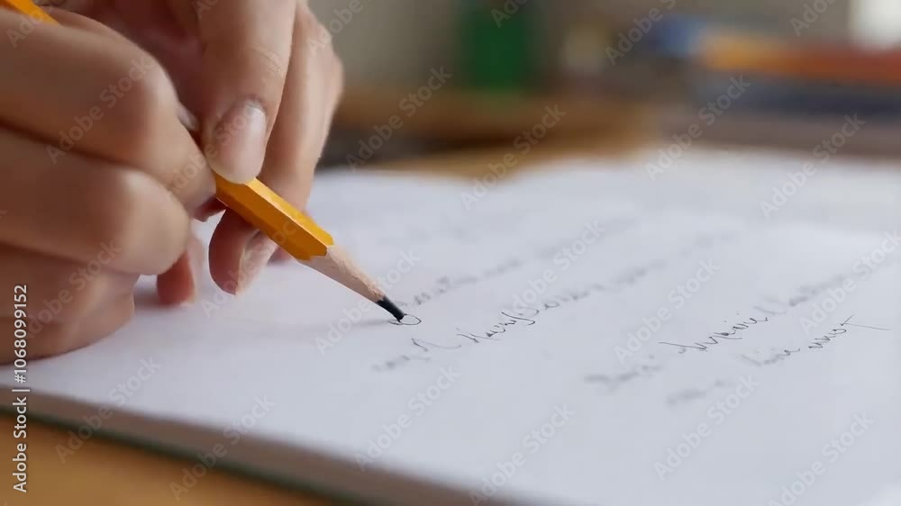 Close-up of a Hand Writing with Pencil: A close-up photo of a hand writing with a pencil on a notebook. The image is a study in focus, emphasizing the detail of the pencil and the hand's movement. Close-up of a Hand Writing with Pencil: A close-up photo of a hand writing with a pencil on a notebook. The image is a study in focus, emphasizing the detail of the pencil and the hand's movement.