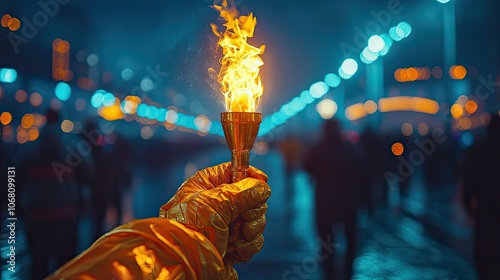 A human hand holding a lit torch, symbolizing the opening ceremony of the Olympic Games and the spirit of competition, perfect for banners celebrating sports and international unity.
