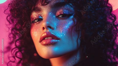 Portrait of a young woman with glitter makeup and curly hair, captured in a vibrant atmosphere