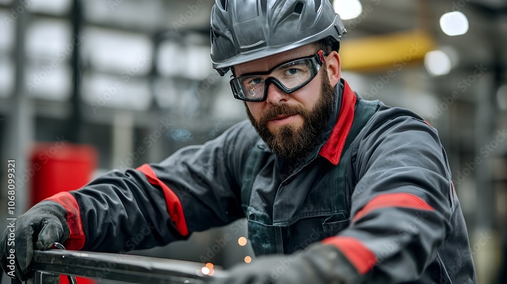 Welder wearing protective gear including a helmet gloves and reflective vest is shown welding a metal frame for a vehicle
