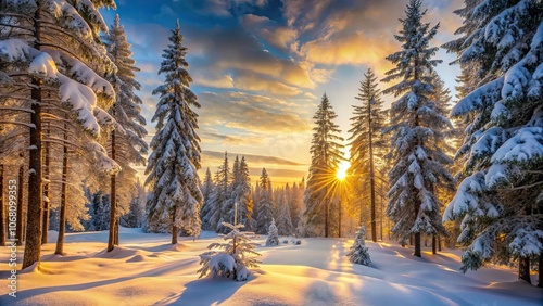 Serene winter forest with snow-covered trees and golden sunrise , peaceful, winter, scene, snow-covered, trees, golden