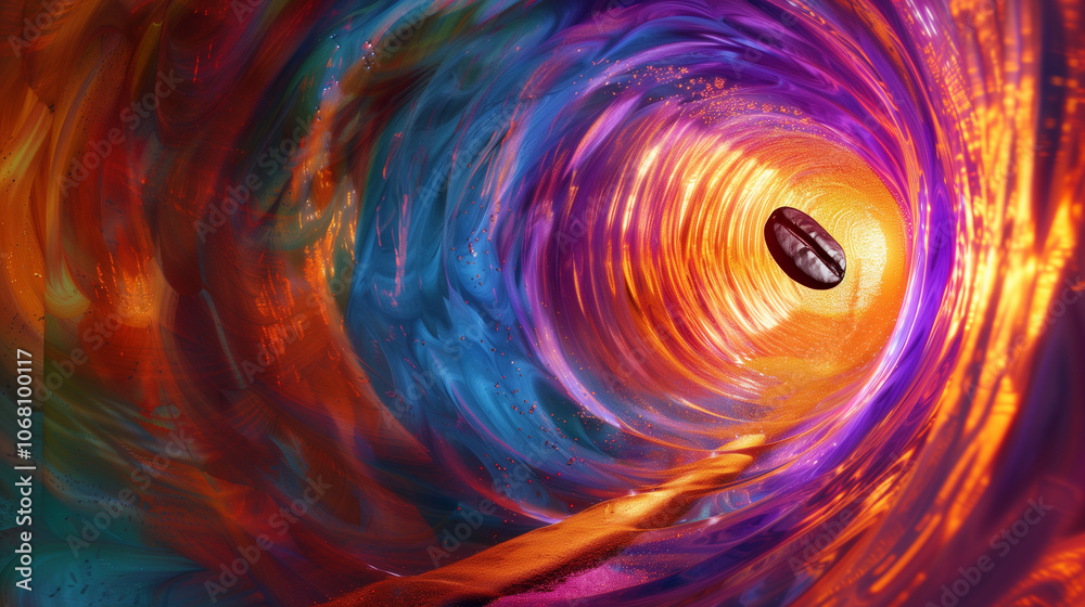 A coffee bean flying through a tunnel of swirling, vibrant colors, as if it s traveling through a portal to another dimension. The colors range from warm oranges to deep purples, creating a dynamic, s A coffee bean flying through a tunnel of swirling, vibrant colors, as if it s traveling through a portal to another dimension. The colors range from warm oranges to deep purples, creating a dynamic, s