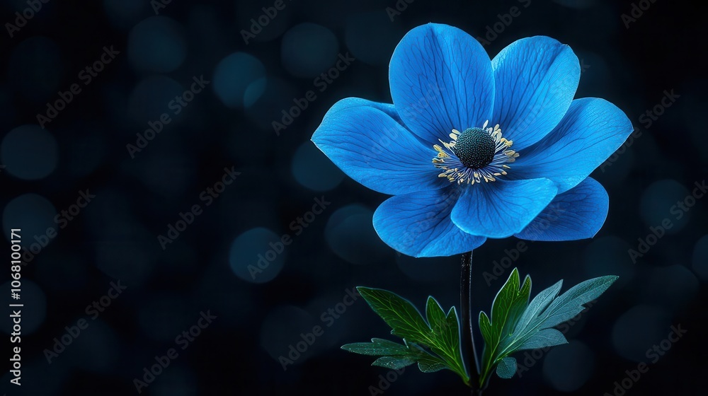 A vibrant blue flower stands out against a blurred, dark background, showcasing its delicate petals and green leaves.