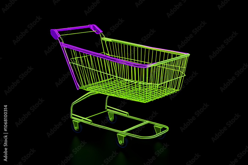 A modern neon purple shopping cart with orange neon light streams set apart on a dark background --ar 3:2 --s 50 A modern neon purple shopping cart with orange neon light streams set apart on a dark background --ar 3:2 --s 50