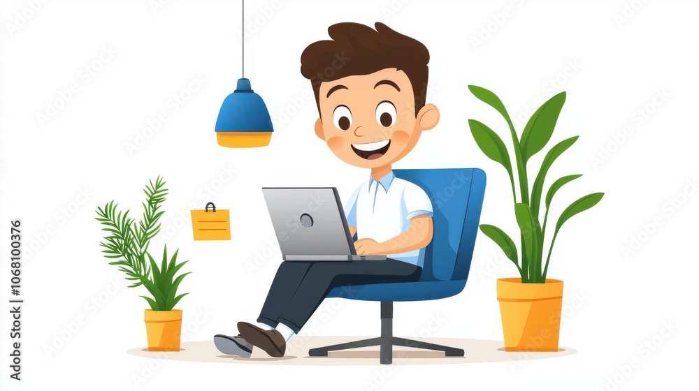 Young man working on laptop in cozy work environment with plants. Young man working on laptop in cozy work environment with plants.